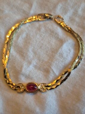 Vintage Grossé (Christian Dior) Oval Red Glass Cabochon Gold Layered Bracelet